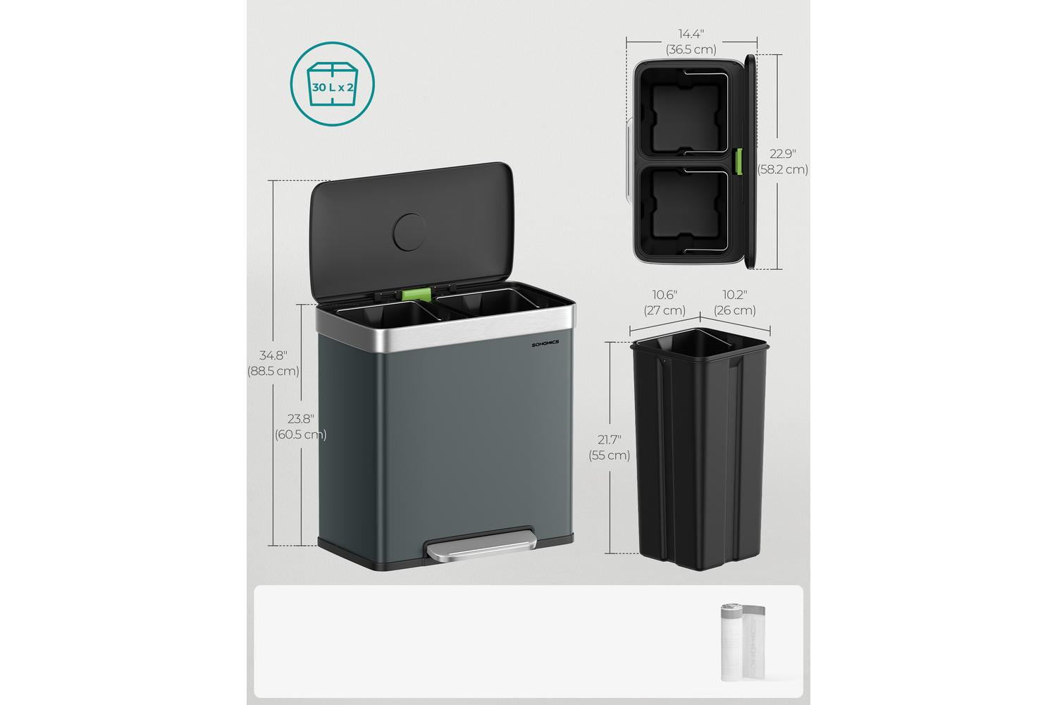 Songmics Trash Can | Rubbish Bin | Stainless Steel | 60l-8