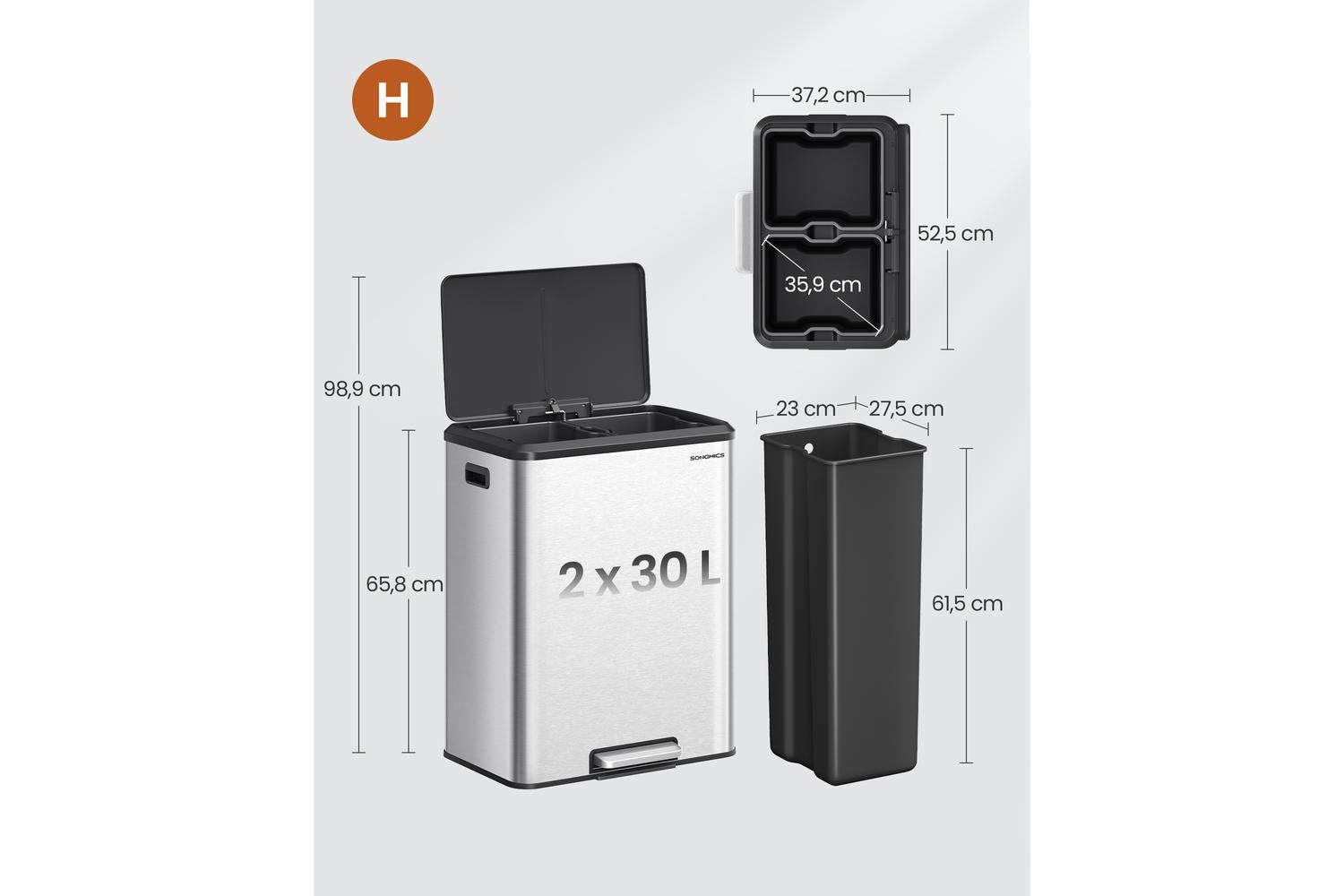 Songmics Trash Can | Rubbish Bin | Stainless Steel | 60 Litre-6