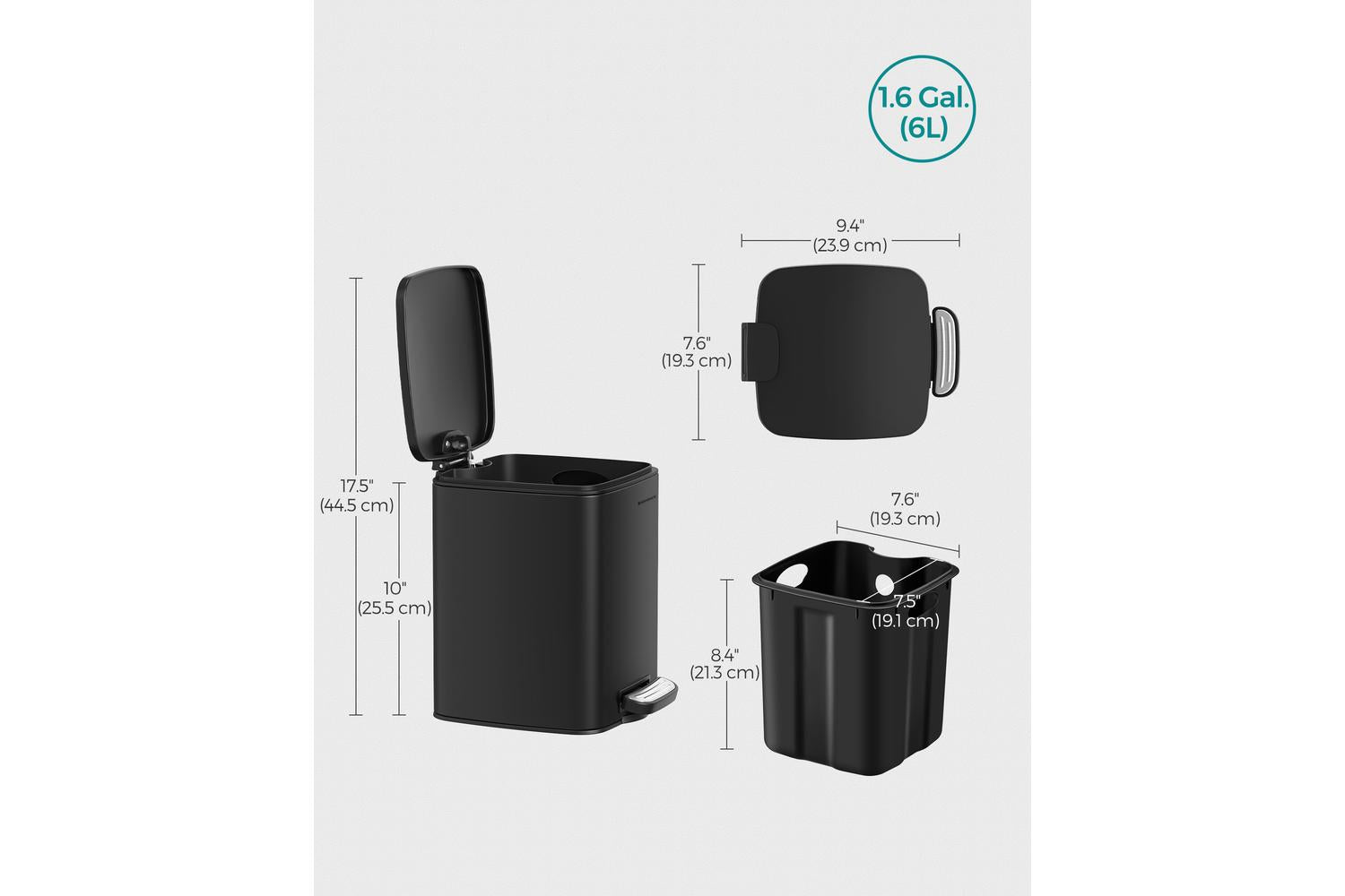Songmics Trach Can | Rubbish Bin | Steel | 6 Litre-6