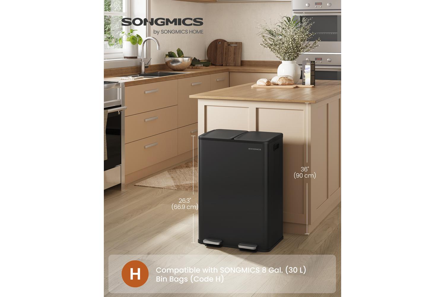 Songmics Trash Can | Rubbish Bin | Steel | 60 Litre-2