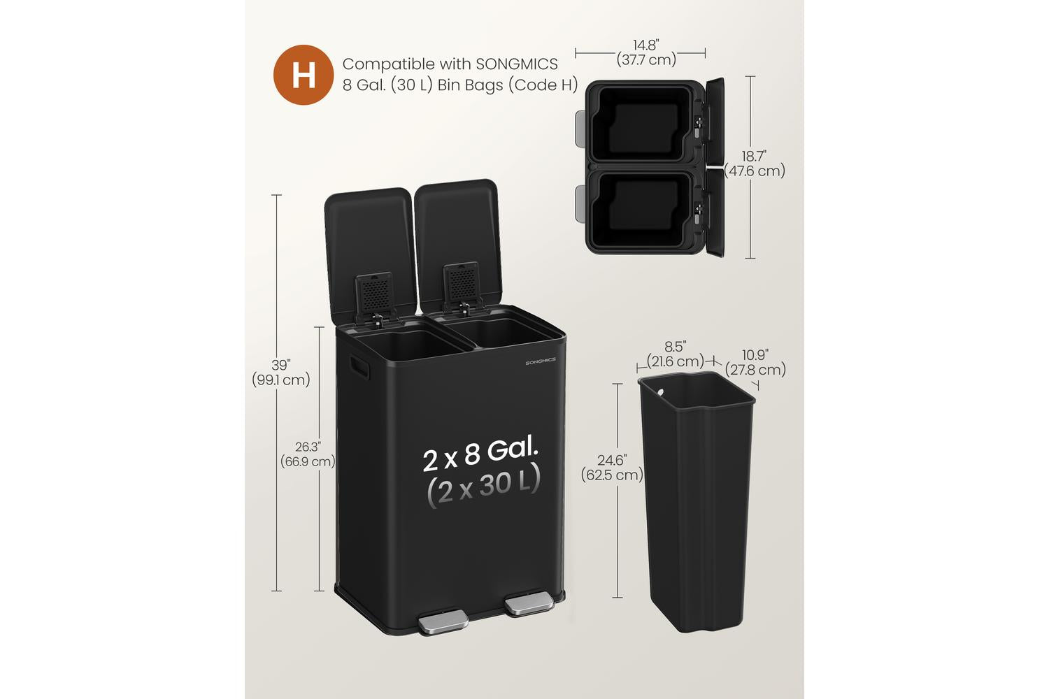 Songmics Trash Can | Rubbish Bin | Steel | 60 Litre-6