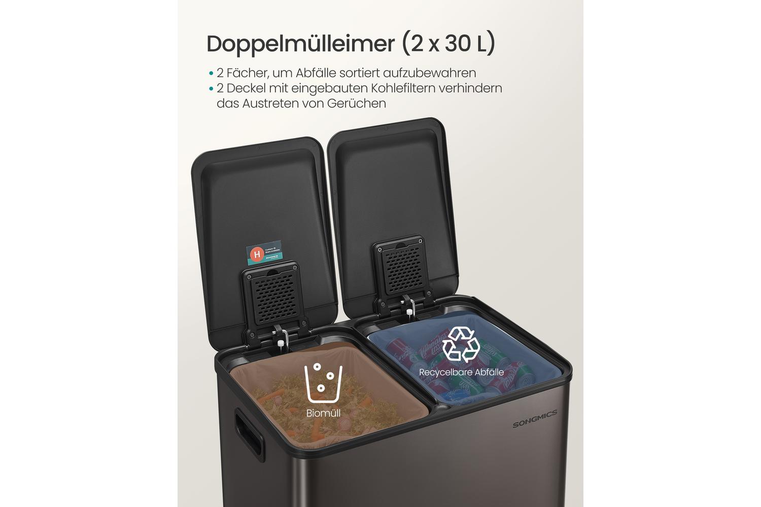 Songmics Trash Can | Double Pedal Bin | Steel | 2 X 30 L-2