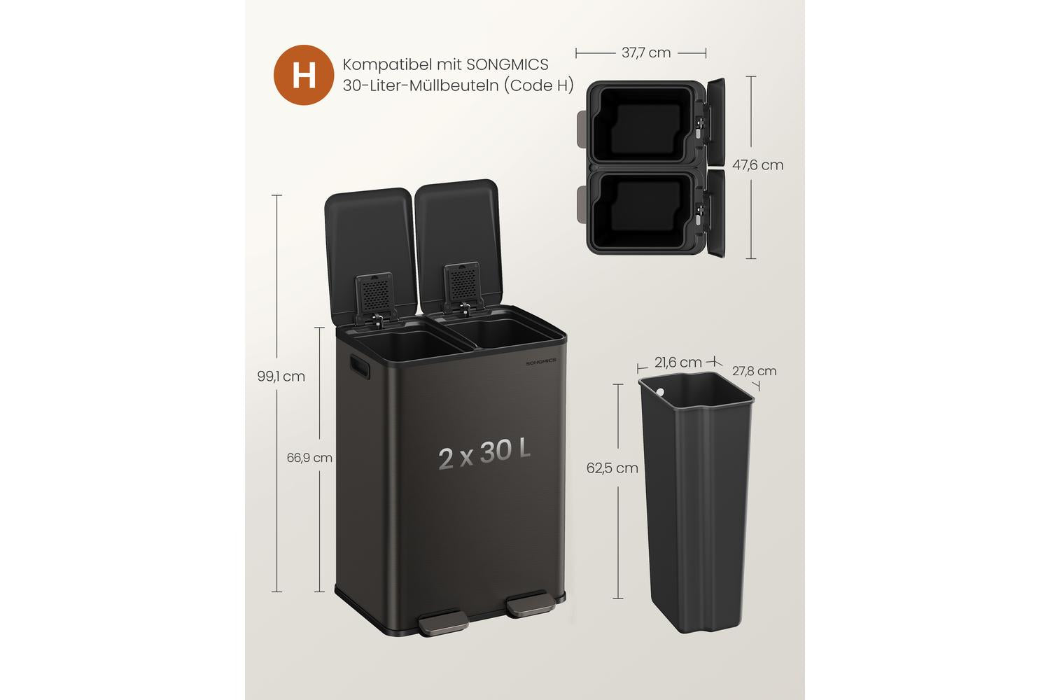 Songmics Trash Can | Double Pedal Bin | Steel | 2 X 30 L-5