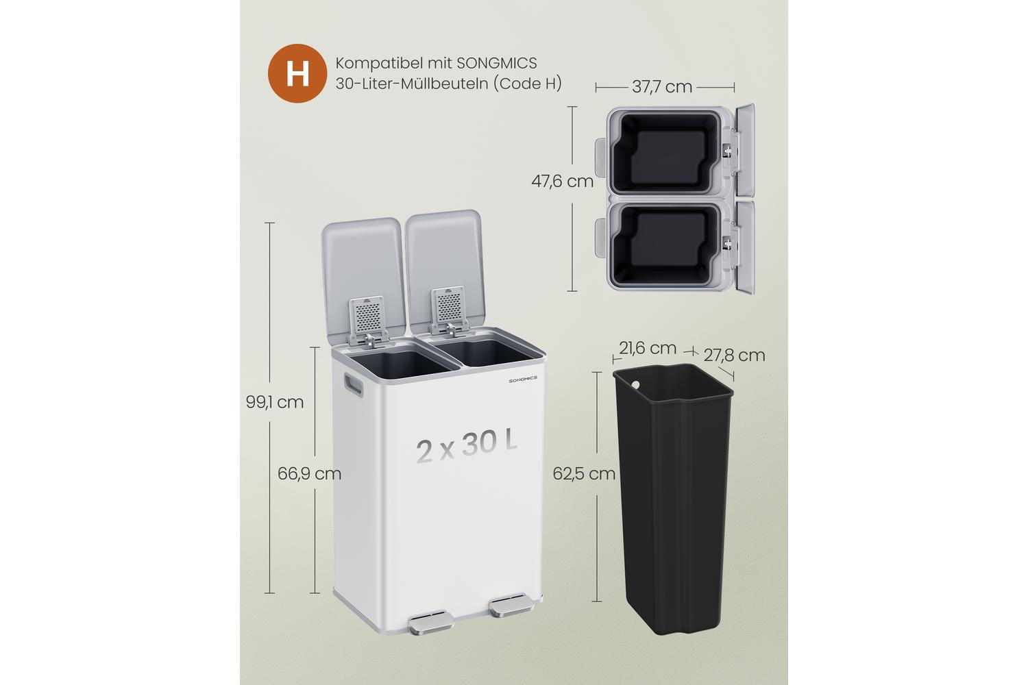 Songmics Trash Can | Rubbish Bin | Steel | 60 Litre-5