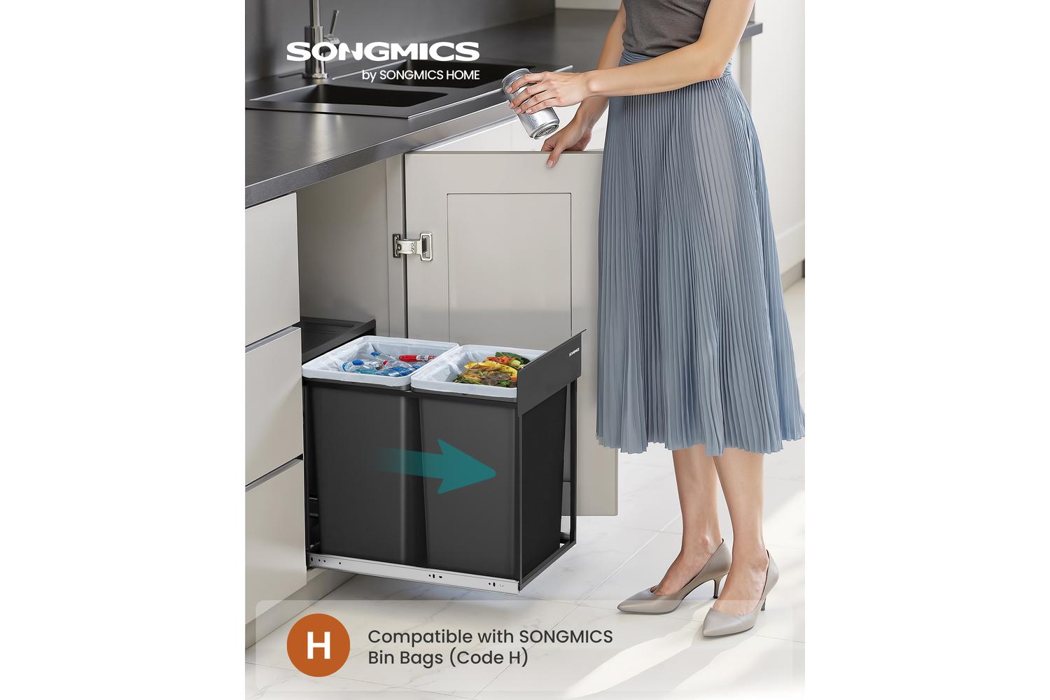 Songmics Trash Can | Pull Out Rubbish Bin | Steel Frame And Abs Lid | 40 Litre-2