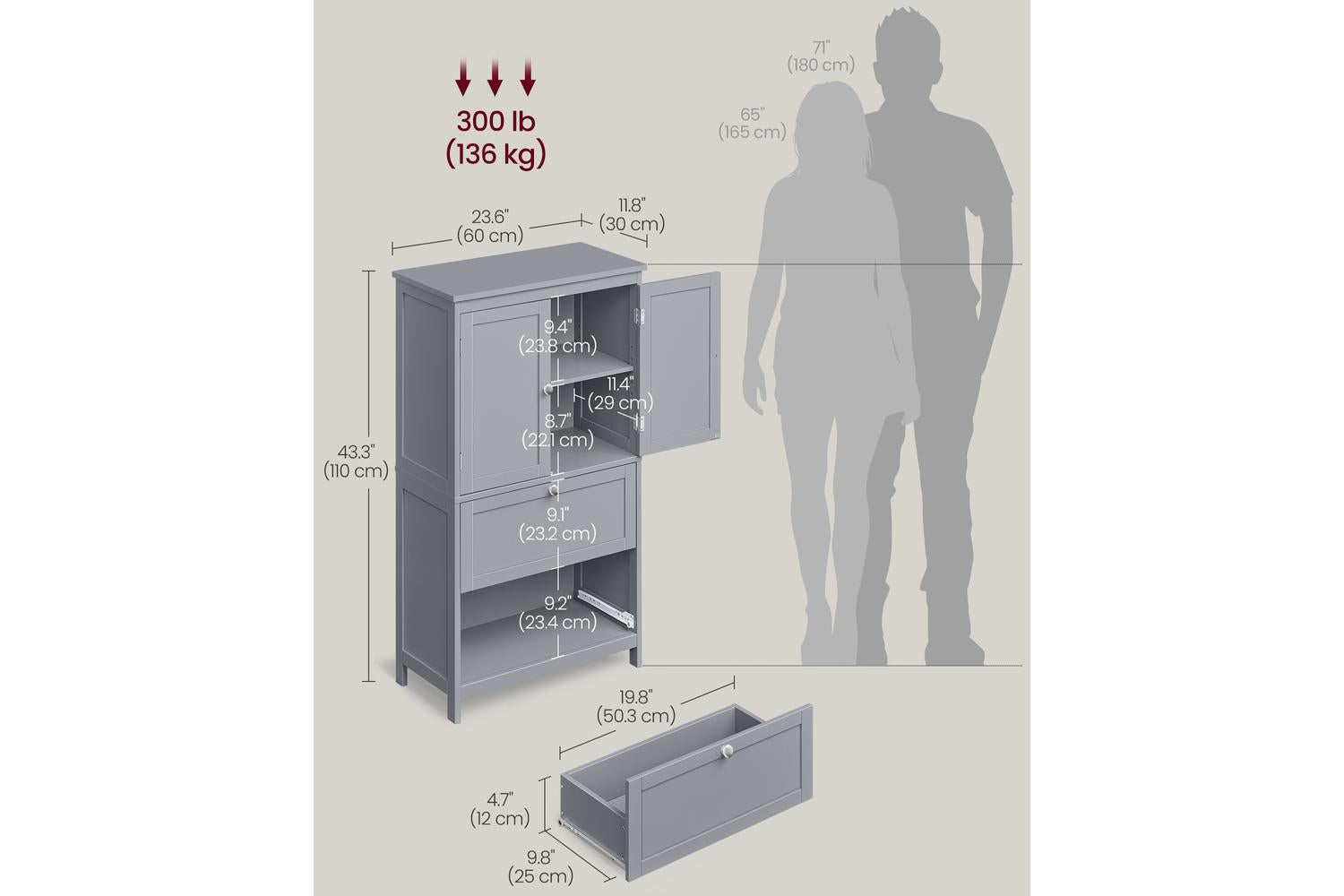 Vasagle Storage Cabinet | Bathroom Storage Unit | Mdf & Particleboard | Dove Grey | 110cm-5