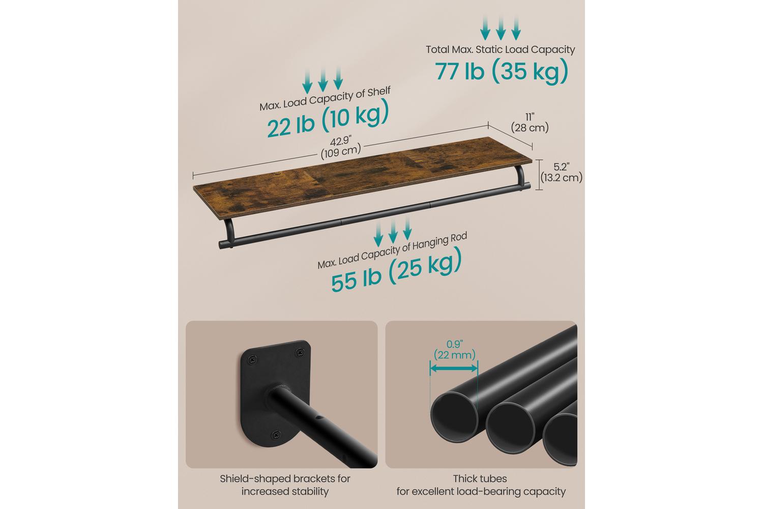 Songmics Clothes Rack | Wall Mounted Coat Rack | Steel & Particleboard | 109cm-5