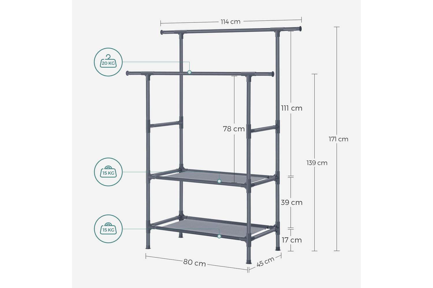 Songmics Clothes Rack | Clothes Storage | Metal & Non-woven Fabric | 114 X 45 X 171 Cm-7