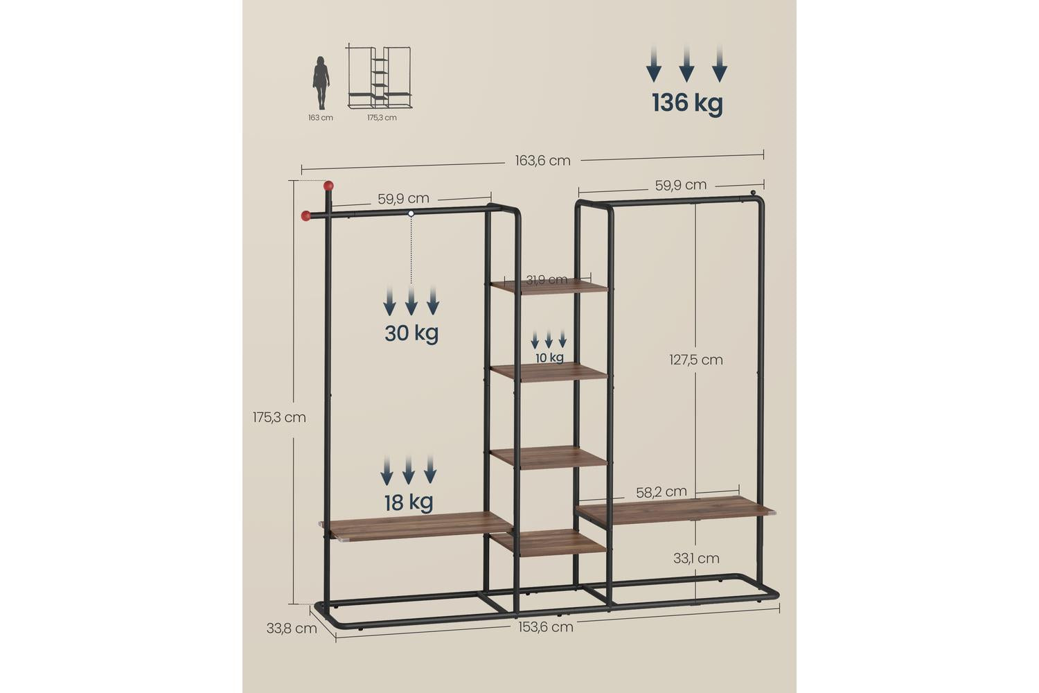 Songmics Home Open Wardrobe | Clothes Storage | Steel & Particleboard | 33.8 X 163.6 X 175.3 Cm-5