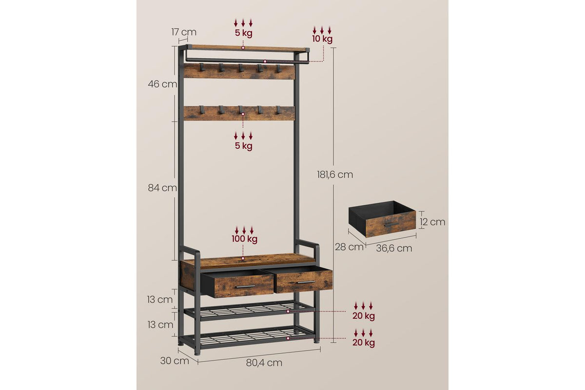Vasagle Hall Tree | Hallway Storage Unit | Particleboard & Steel | 181.6cm-6