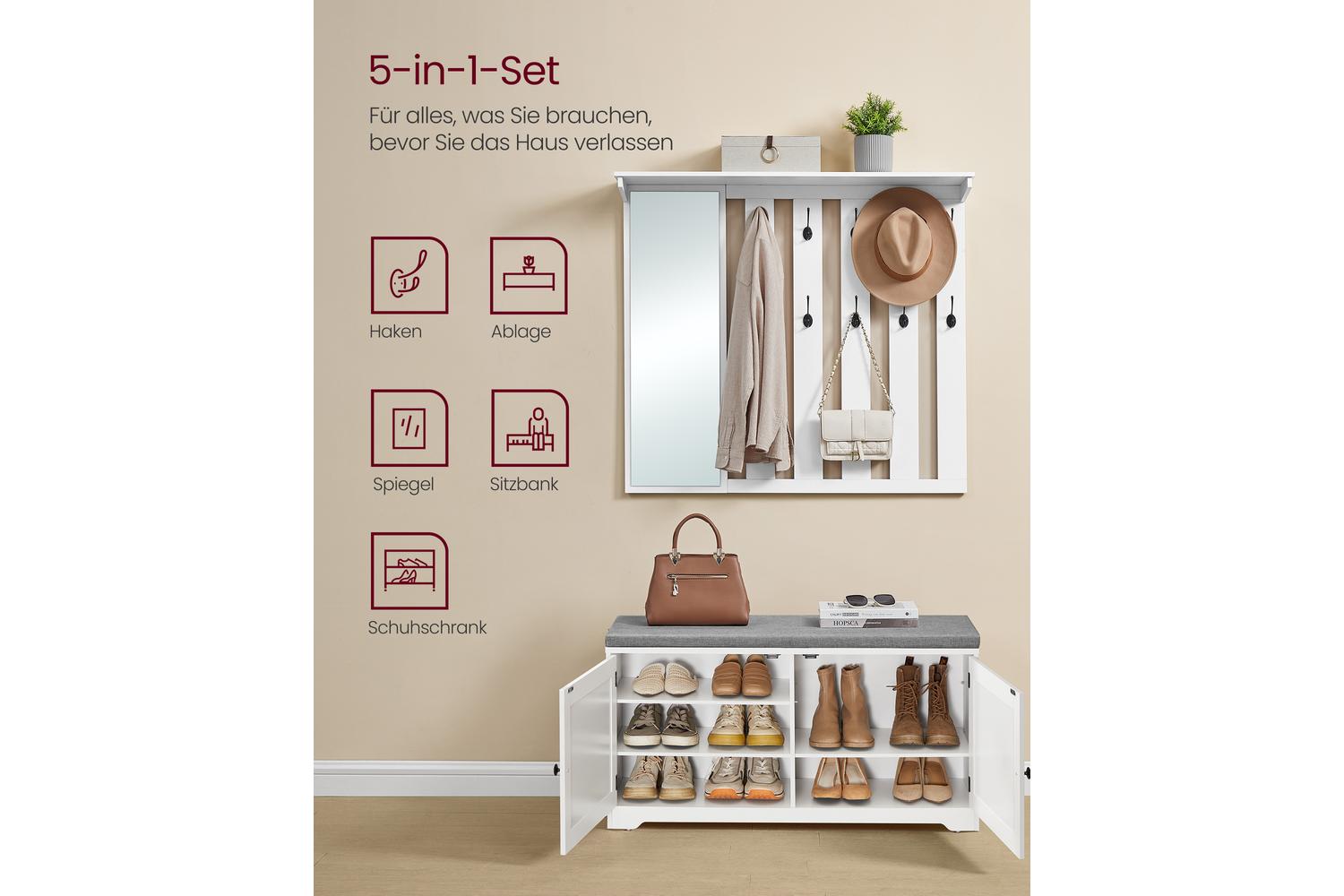 Vasagle Shoe Bench And Coat Rack Set | Particleboard | Cloud White-2