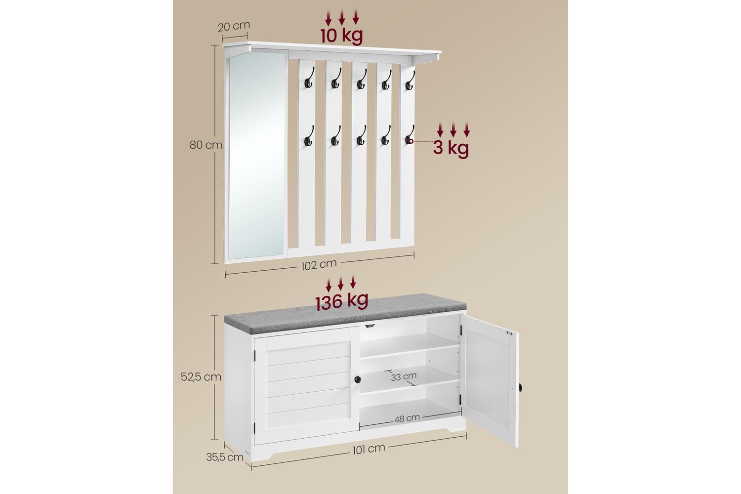 Vasagle Shoe Bench And Coat Rack Set | Particleboard | Cloud White-5