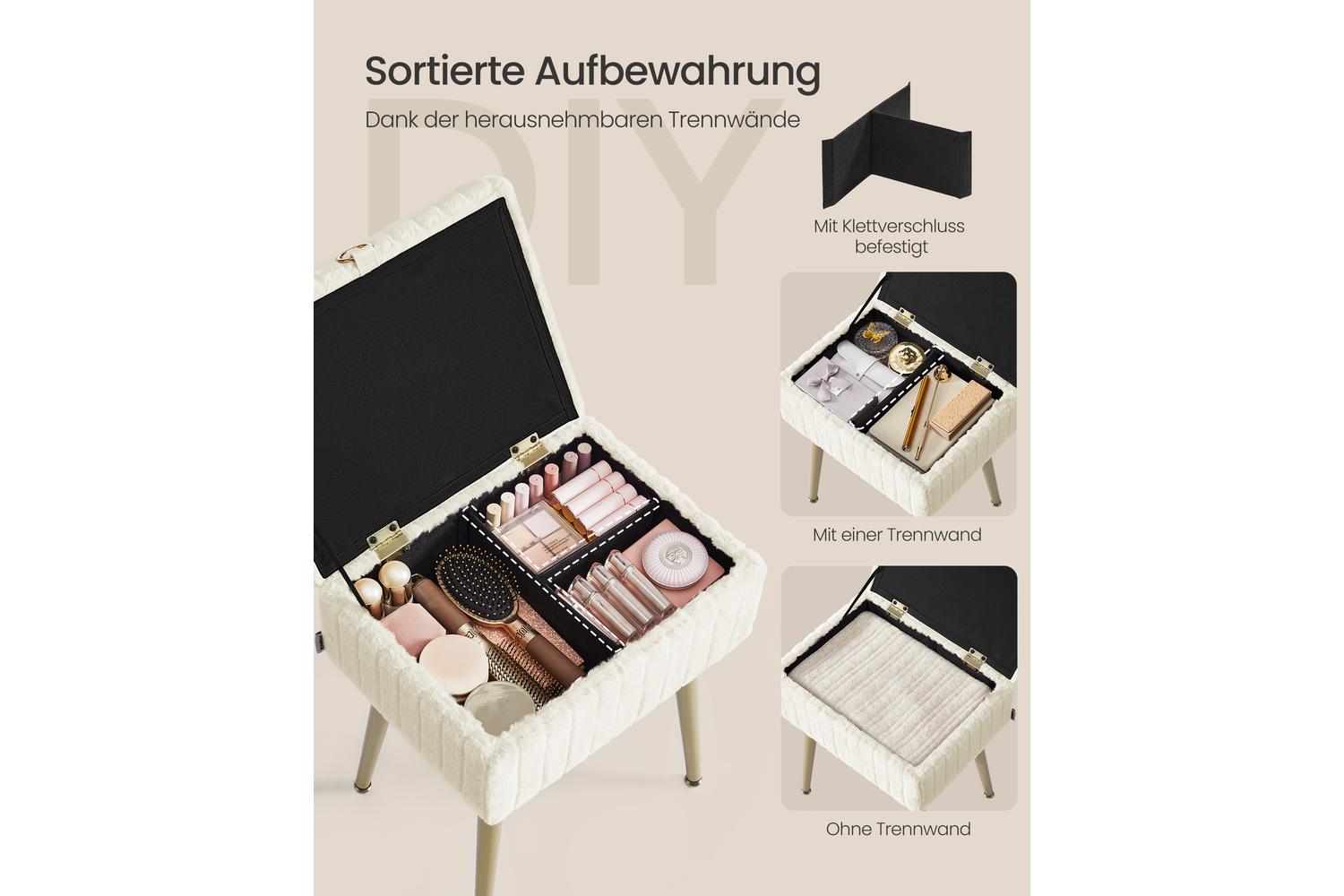 Songmics Storage Ottoman | Makeup Stool | Short Pile Fabric | Cream White | 30 X 40 X 50 Cm-3