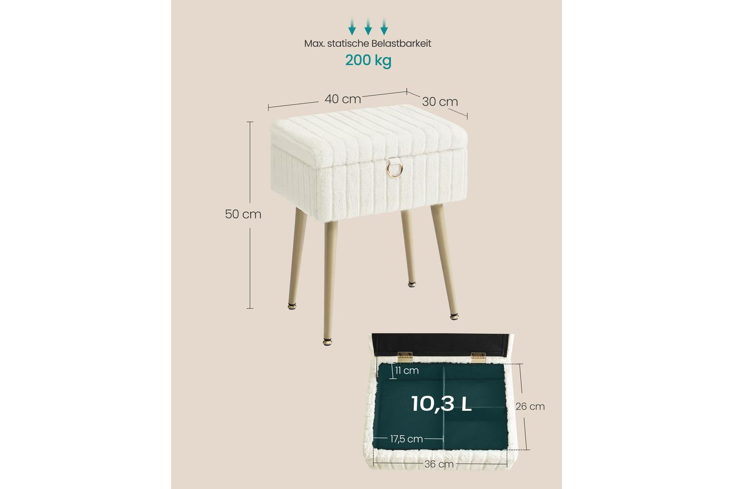 Songmics Storage Ottoman | Makeup Stool | Short Pile Fabric | Cream White | 30 X 40 X 50 Cm-4