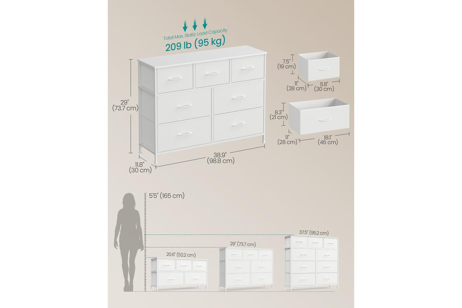 Songmics | Chest Of Drawer | 4 Large & 3 Small Drawers | White-5