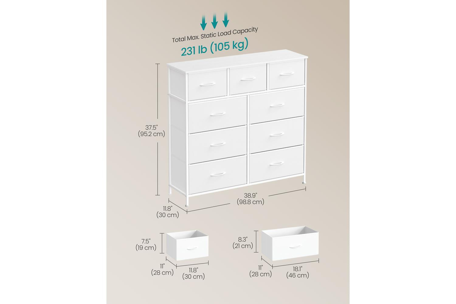 Songmics Drawer Dresser | Chest Of Drawers | Steel, Mdf, Textile | 6 Large + 3 Small Drawers-5