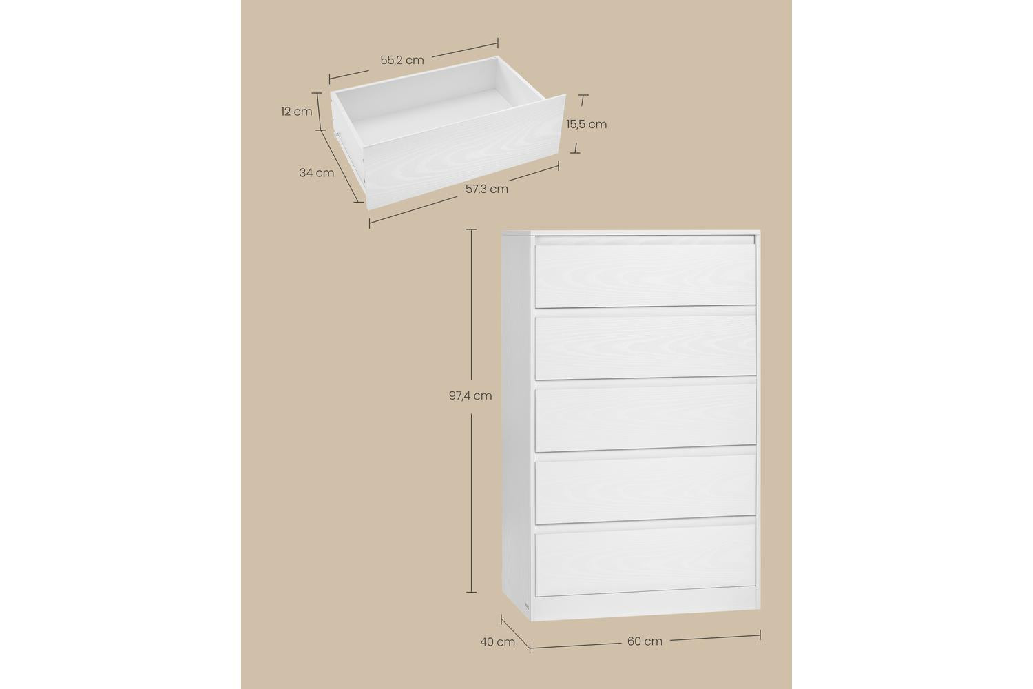 Vasagle | Chest Of Drawers | 5 Drawer | White-5