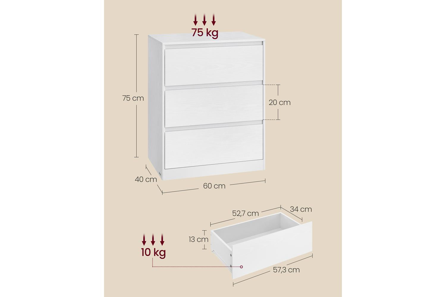 Vasagle | Chest Of Drawer | 3 Drawer | White-5