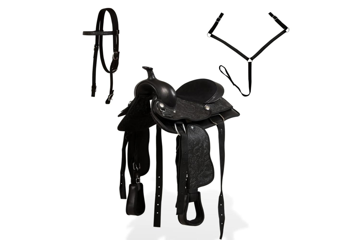 Vidaxl 91356 Western Saddle. Headstall&breast Collar Real Leather 13" Black-2