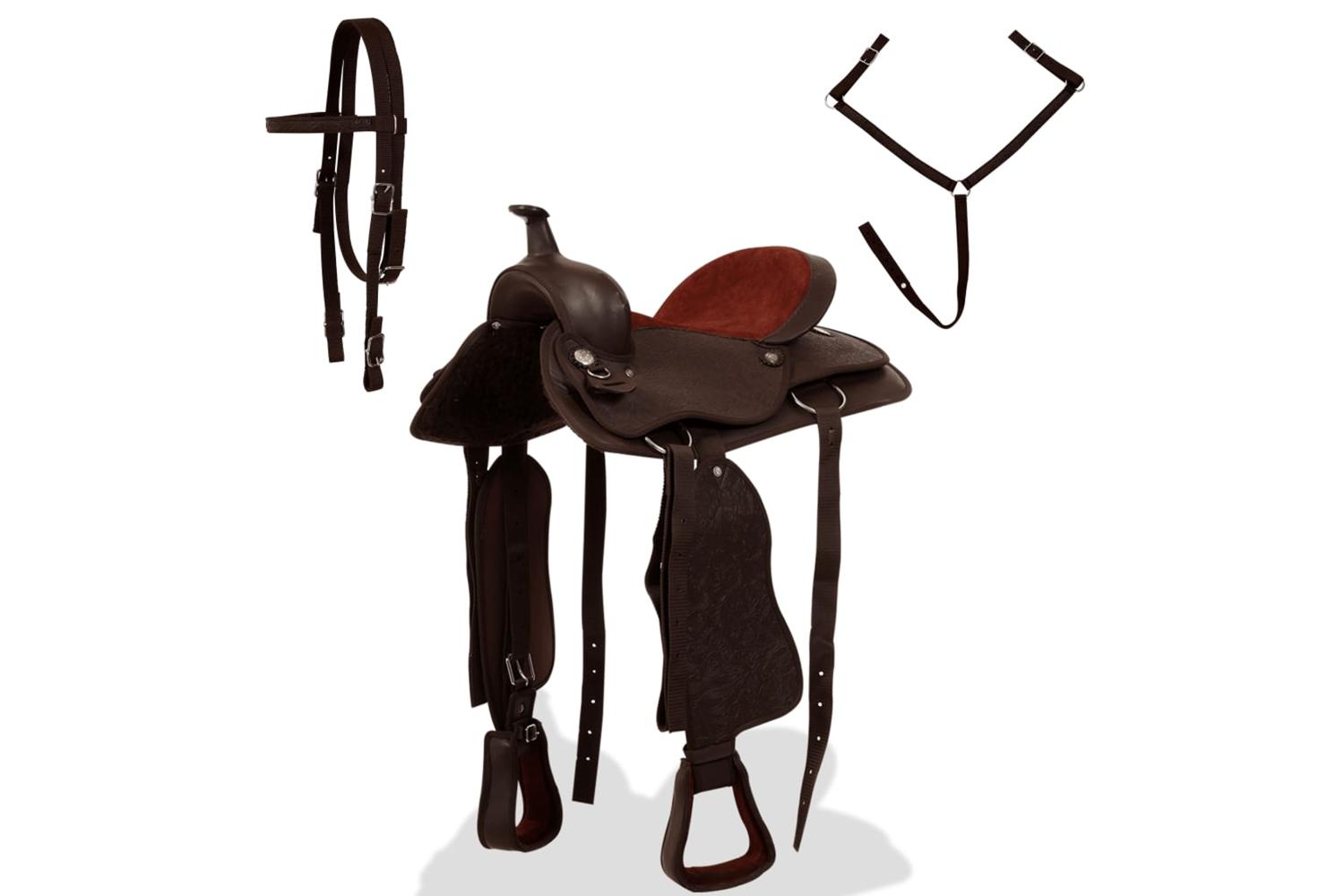 Vidaxl 91348 Western Saddle. Headstall&breast Collar Real Leather 16" Brown-2