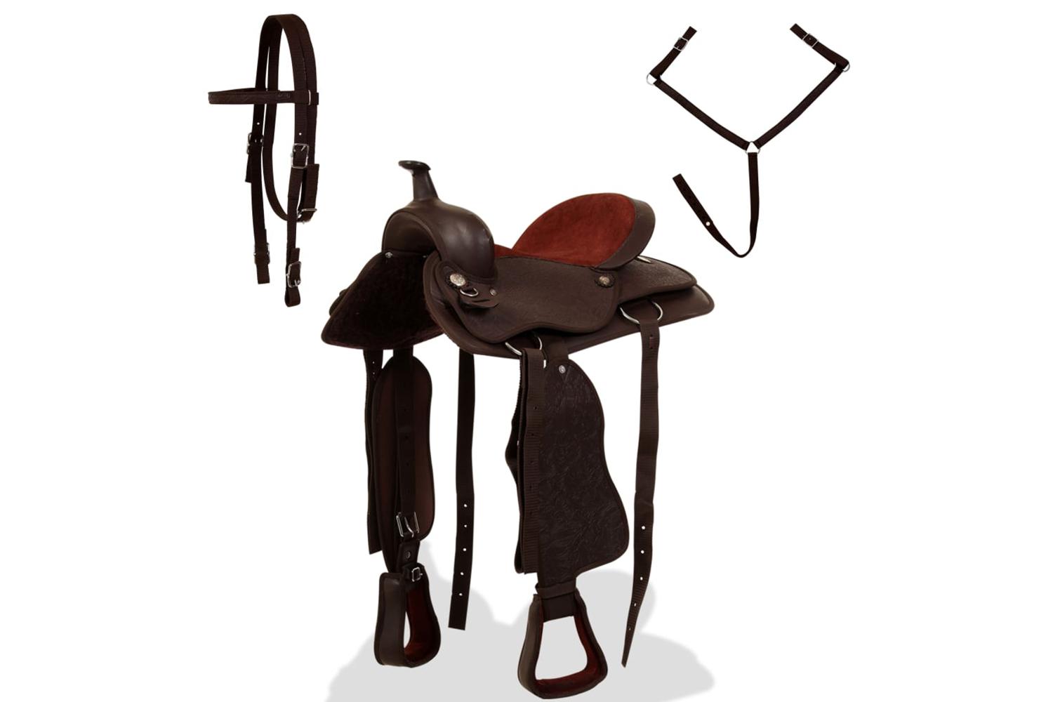 Vidaxl 91347 Western Saddle. Headstall&breast Collar Real Leather 15" Brown-2
