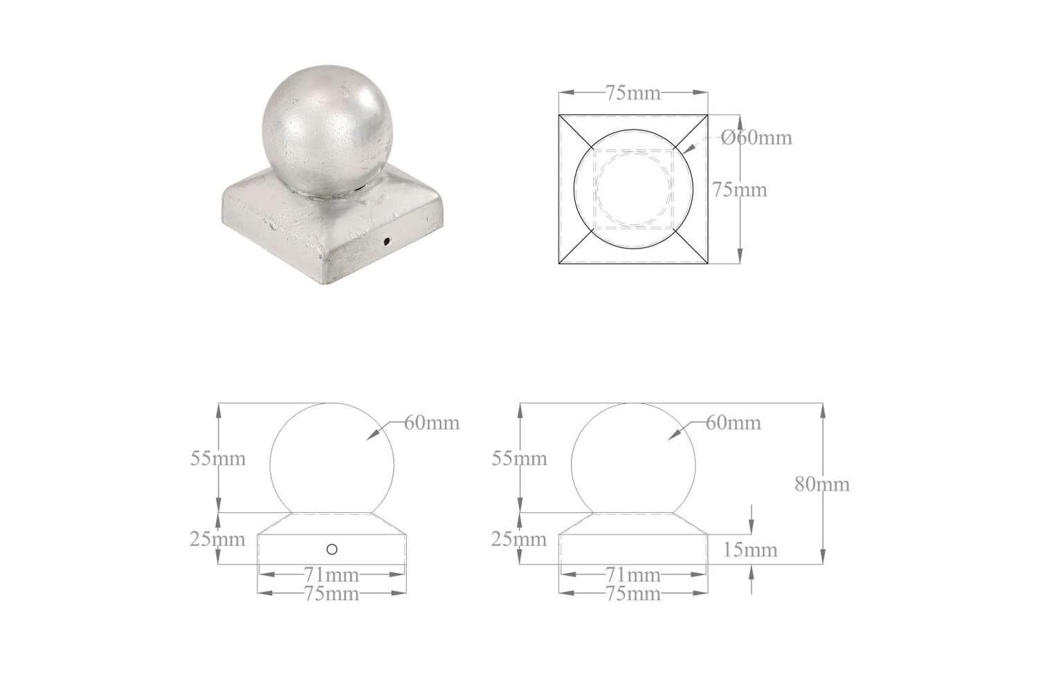 vidaXL 145497 Post Caps 6 Pcs Globe Final Galvanised Metal 71x71mm-10