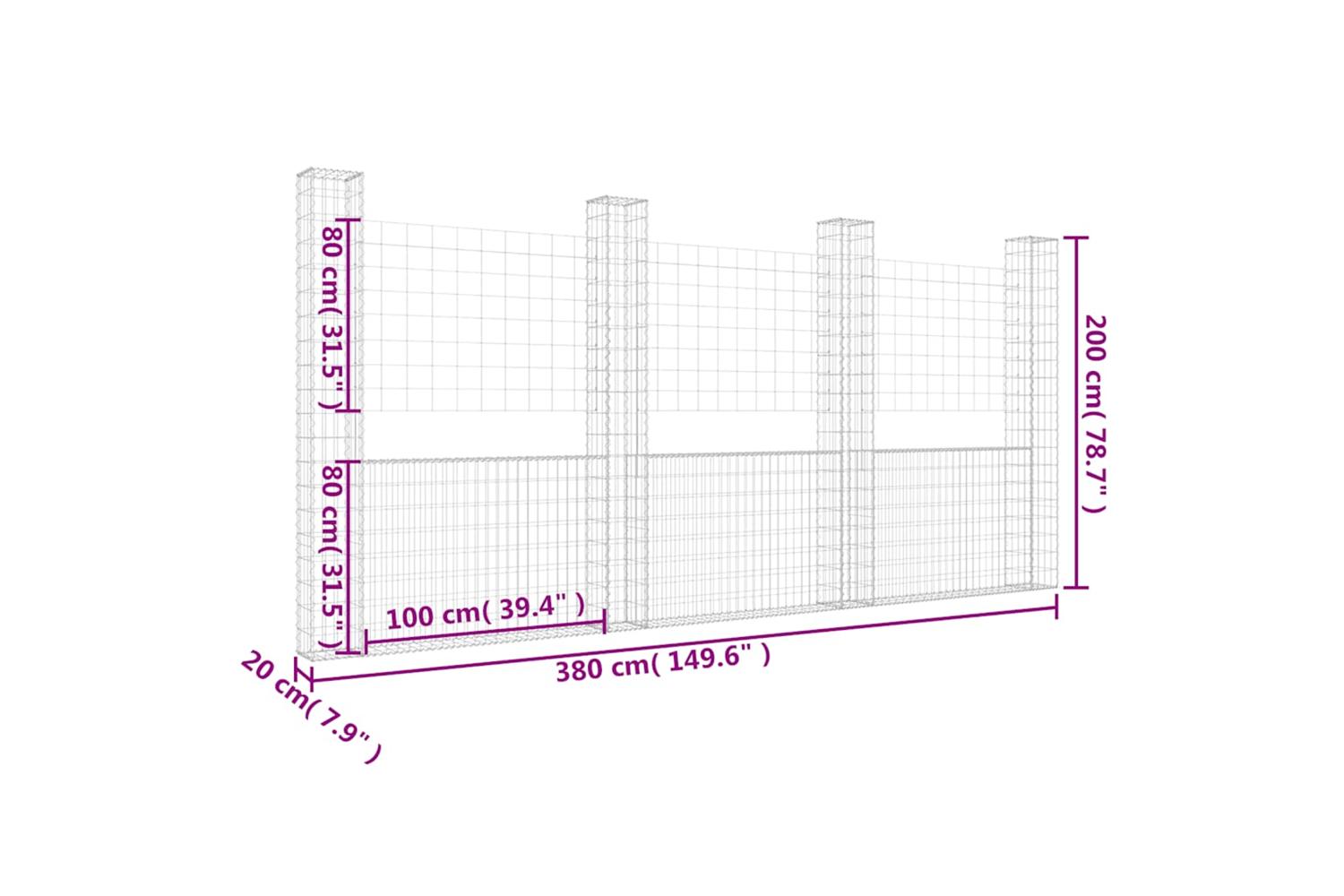 vidaXL 151291 U-shape Gabion Basket With 4 Posts Iron 380x20x200cm-6