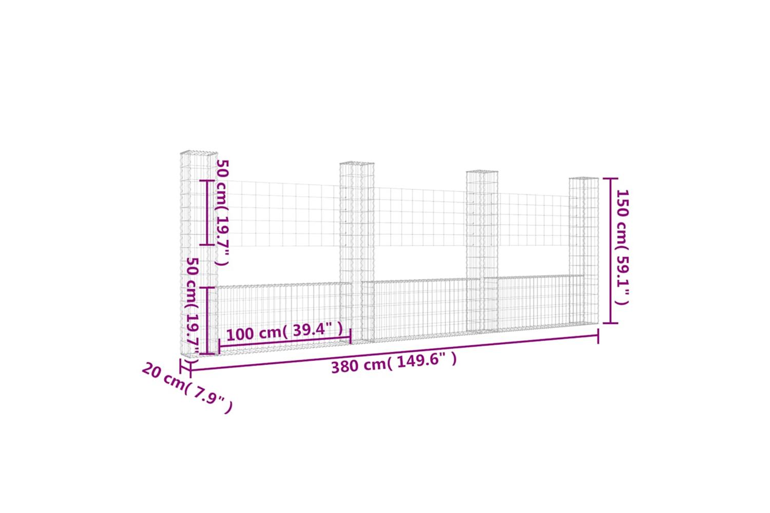 vidaXL 151284 U-shape Gabion Basket With 4 Posts Iron 380x20x150cm-6