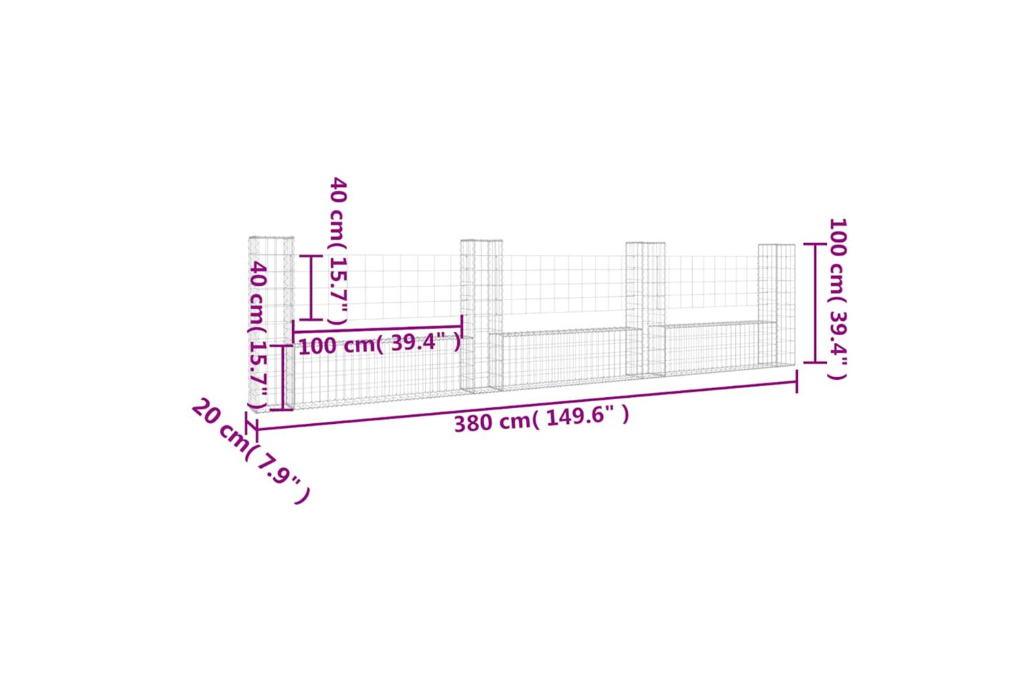 vidaXL 151277 U-shape Gabion Basket With 4 Posts Iron 380x20x100cm-6