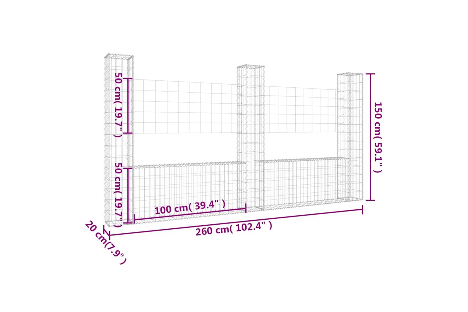 vidaXL 151283 U-shape Gabion Basket With 3 Posts Iron 260x20x150cm-6