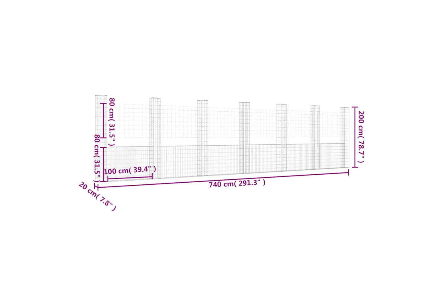 vidaXL 151294 U-shape Gabion Basket With 7 Posts Iron 740x20x200cm-6