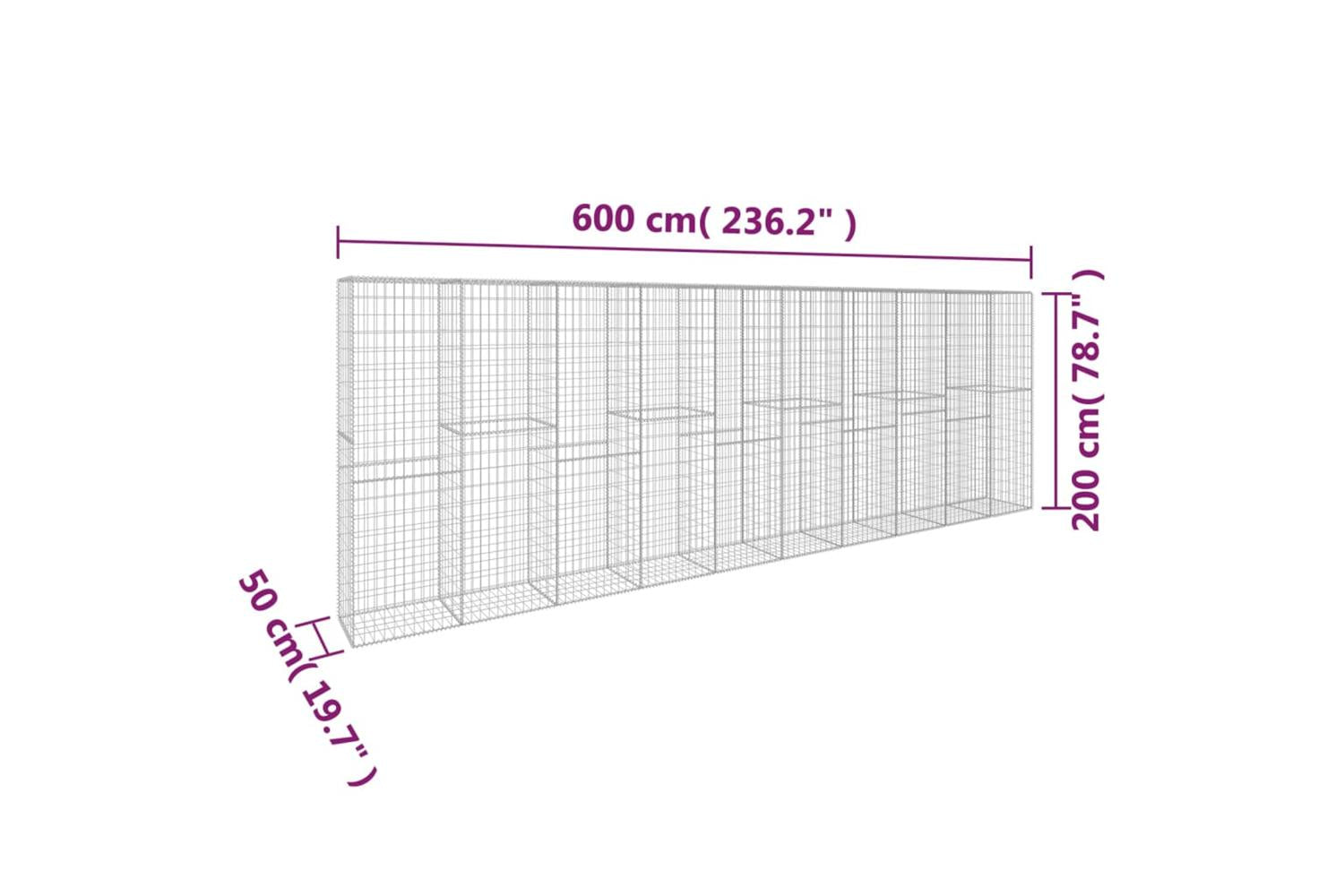 vidaXL 145089 Gabion Wall With Cover Galvanised Steel 600x50x200cm-6