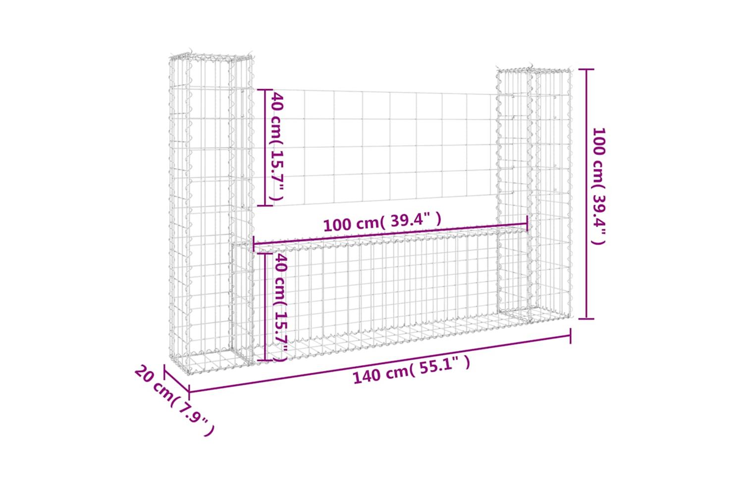vidaXL 151275 U-shape Gabion Basket With 2 Posts Iron 140x20x100cm-6