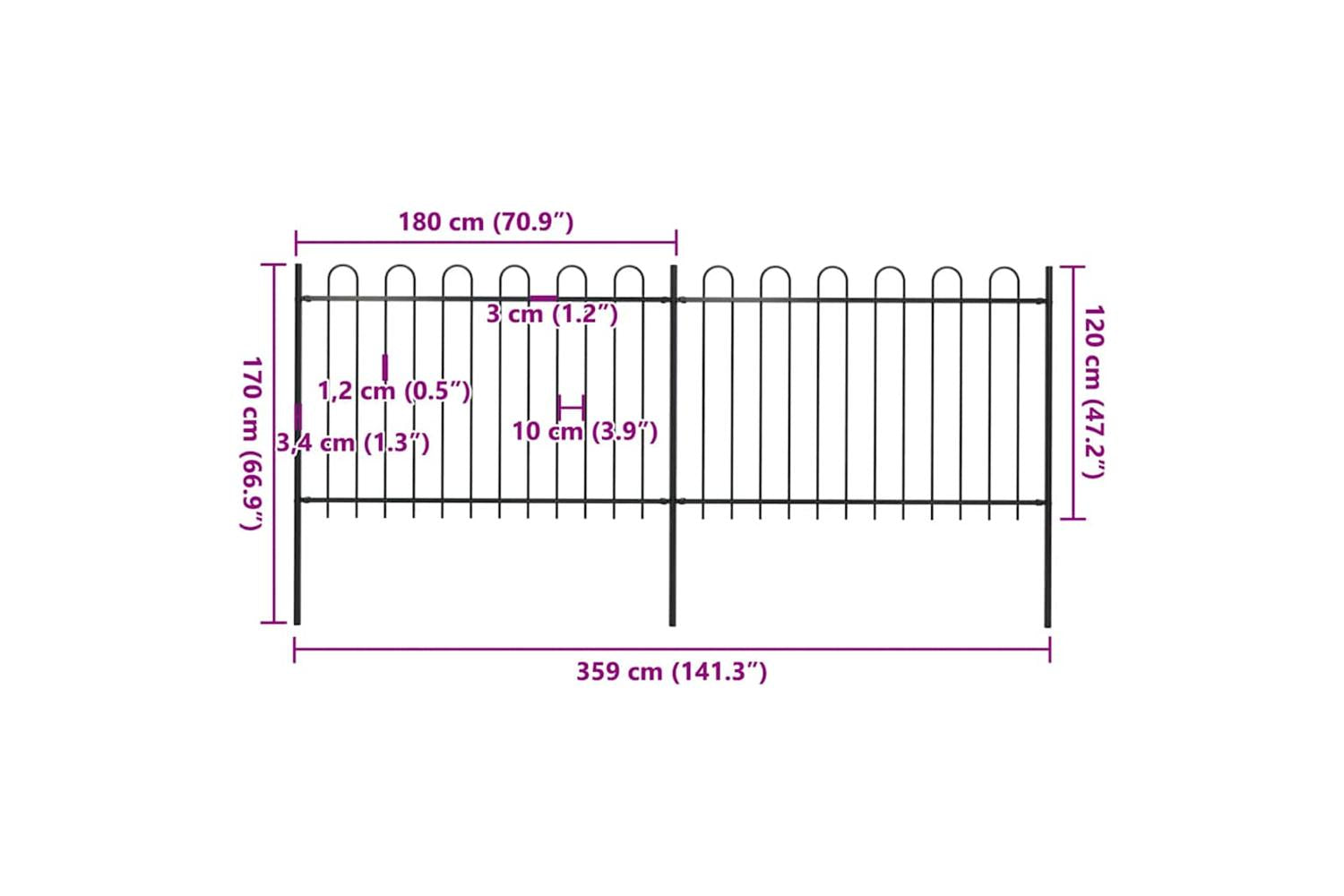 Vidaxl 277666 Garden Fence With Hoop Top Steel 3.4x1.2 M Black-5