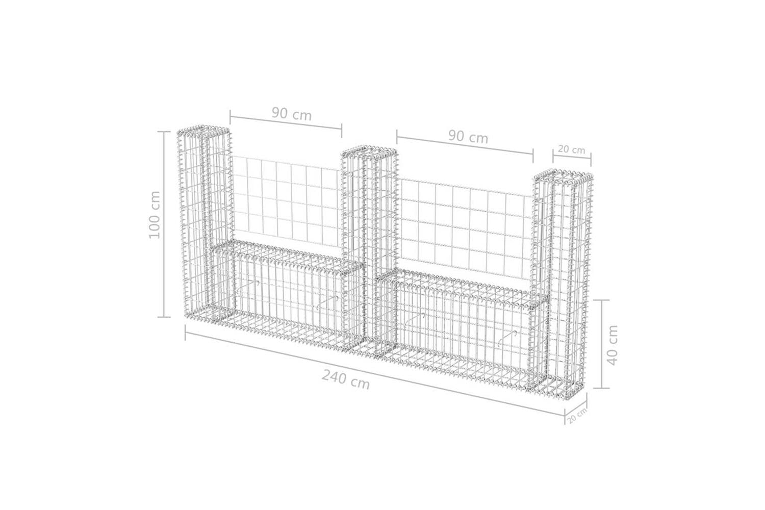 vidaXL 142546 Gabion Basket U-shape Galvanised Steel 240x20x100cm-6