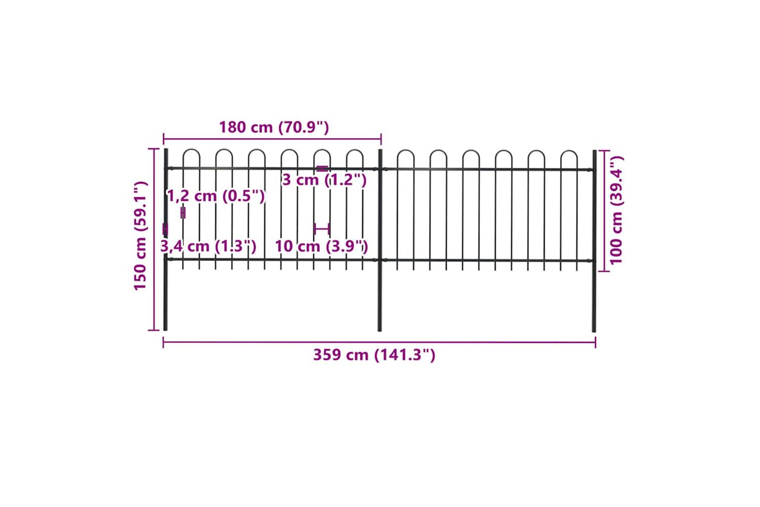 Vidaxl 277657 Garden Fence With Hoop Top Steel 3.4x1 M Black-5