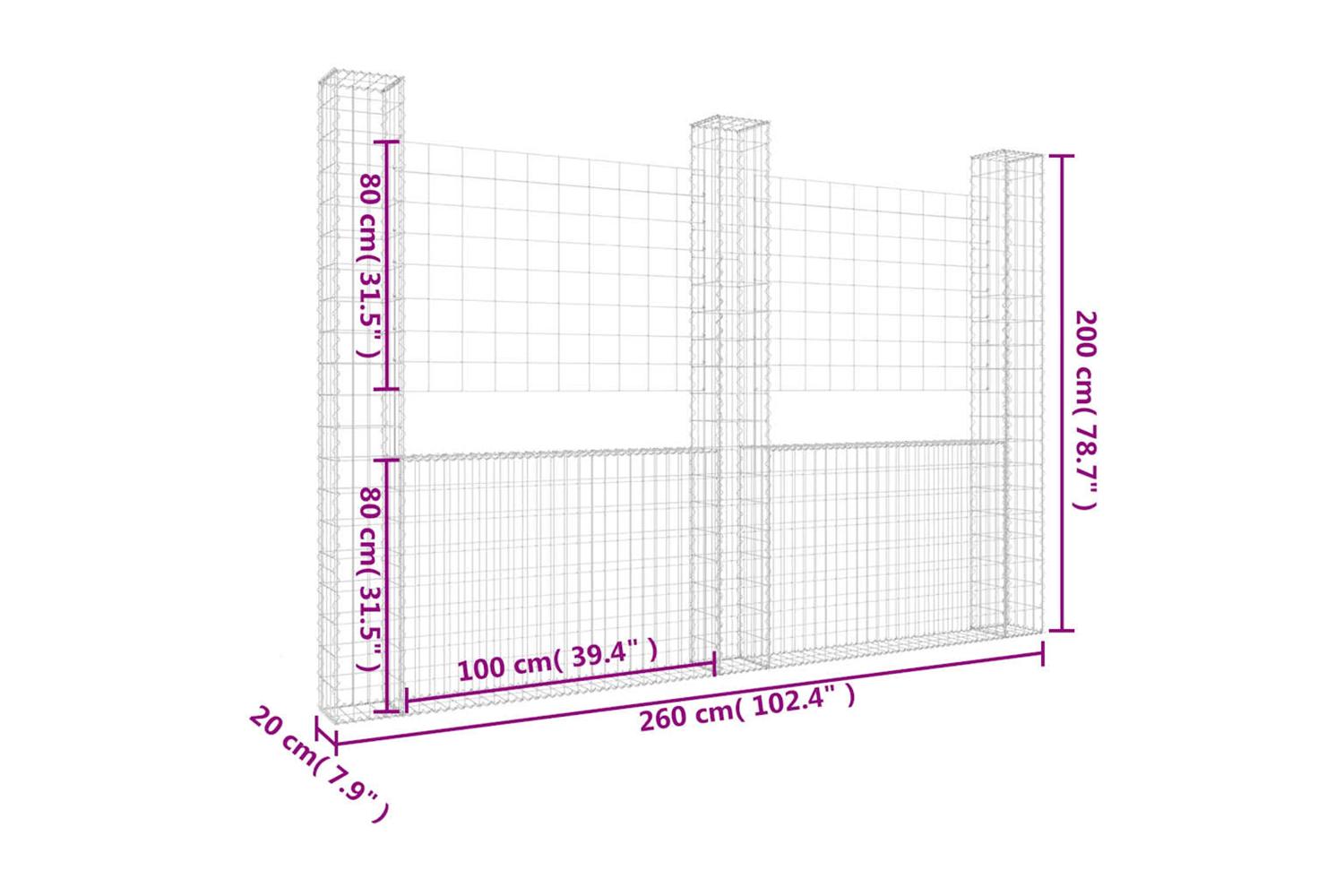 vidaXL 151290 U-shape Gabion Basket With 3 Posts Iron 260x20x200cm-6