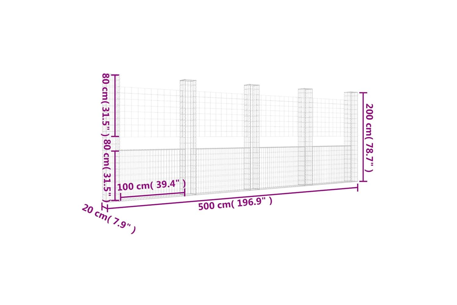 vidaXL 151292 U-shape Gabion Basket With 5 Posts Iron 500x20x200cm-6