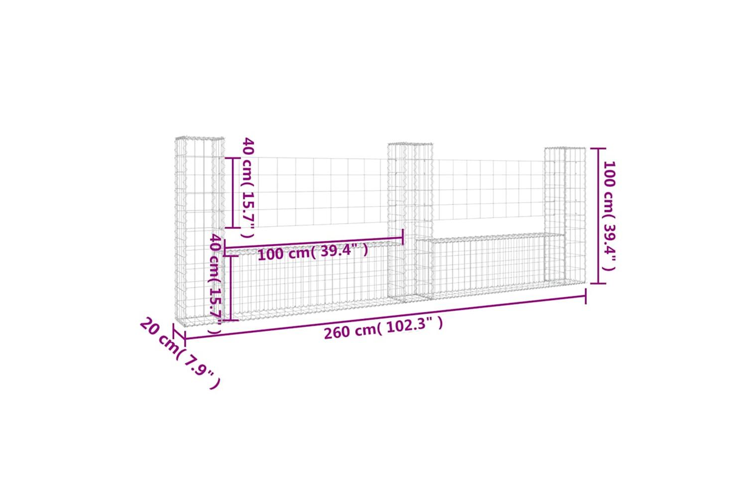 vidaXL 151276 U-shape Gabion Basket With 3 Posts Iron 260x20x100cm-6