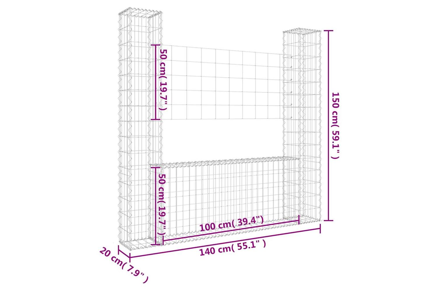 vidaXL 151282 U-shape Gabion Basket With 2 Posts Iron 140x20x150cm-6