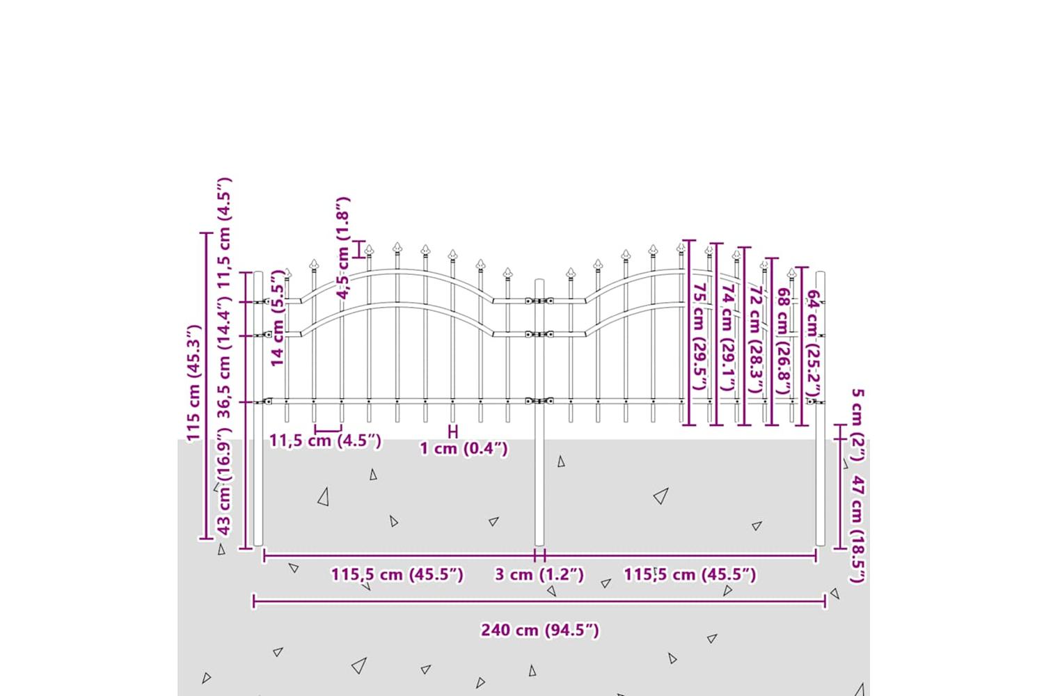 vidaXL 151079 Garden Fence With Spear Top Black 115cm Powder-coated Steel-6