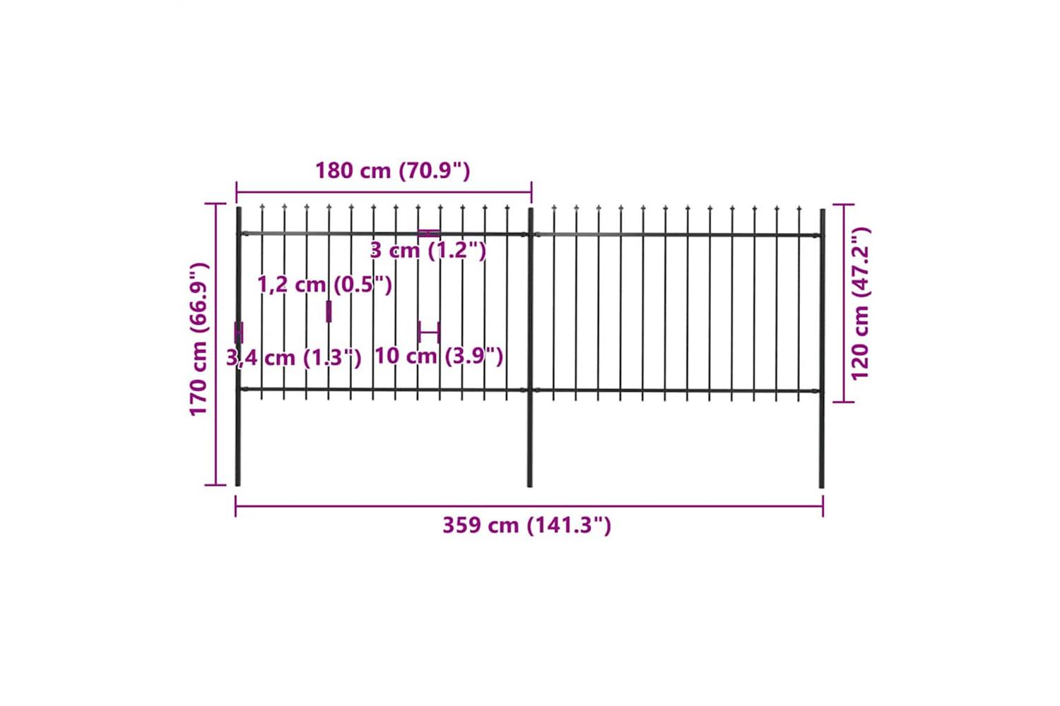 Vidaxl 277621 Garden Fence With Spear Top Steel 3.4x1.2 M Black-5