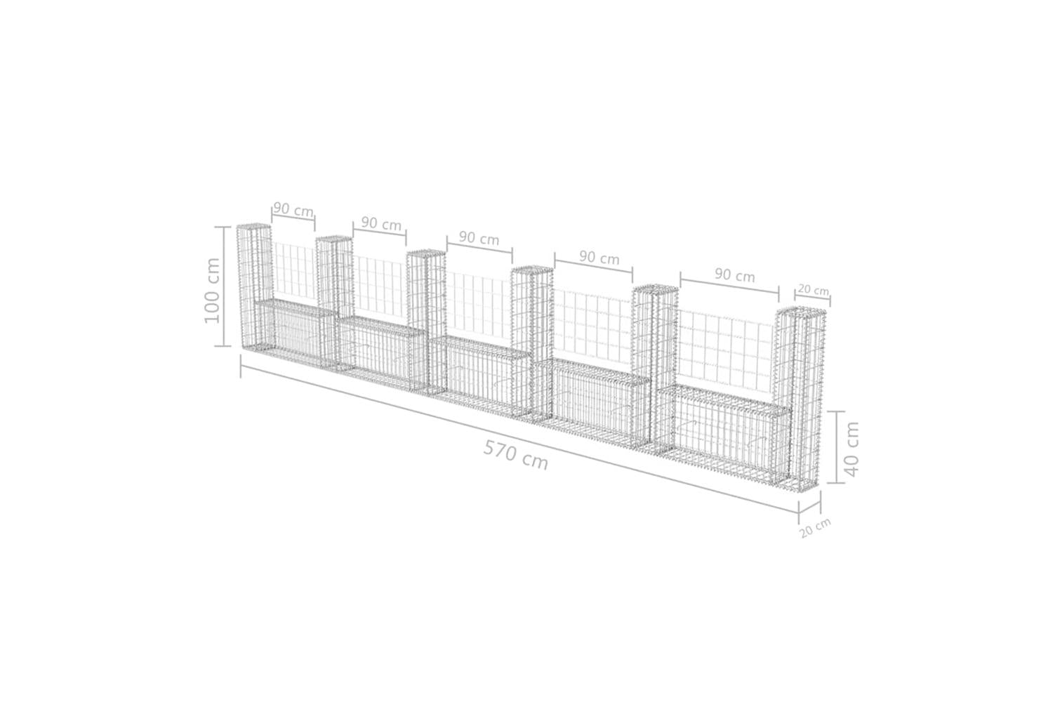 vidaXL 142547 Gabion Basket U-shape Galvanised Steel 570x20x100cm-6