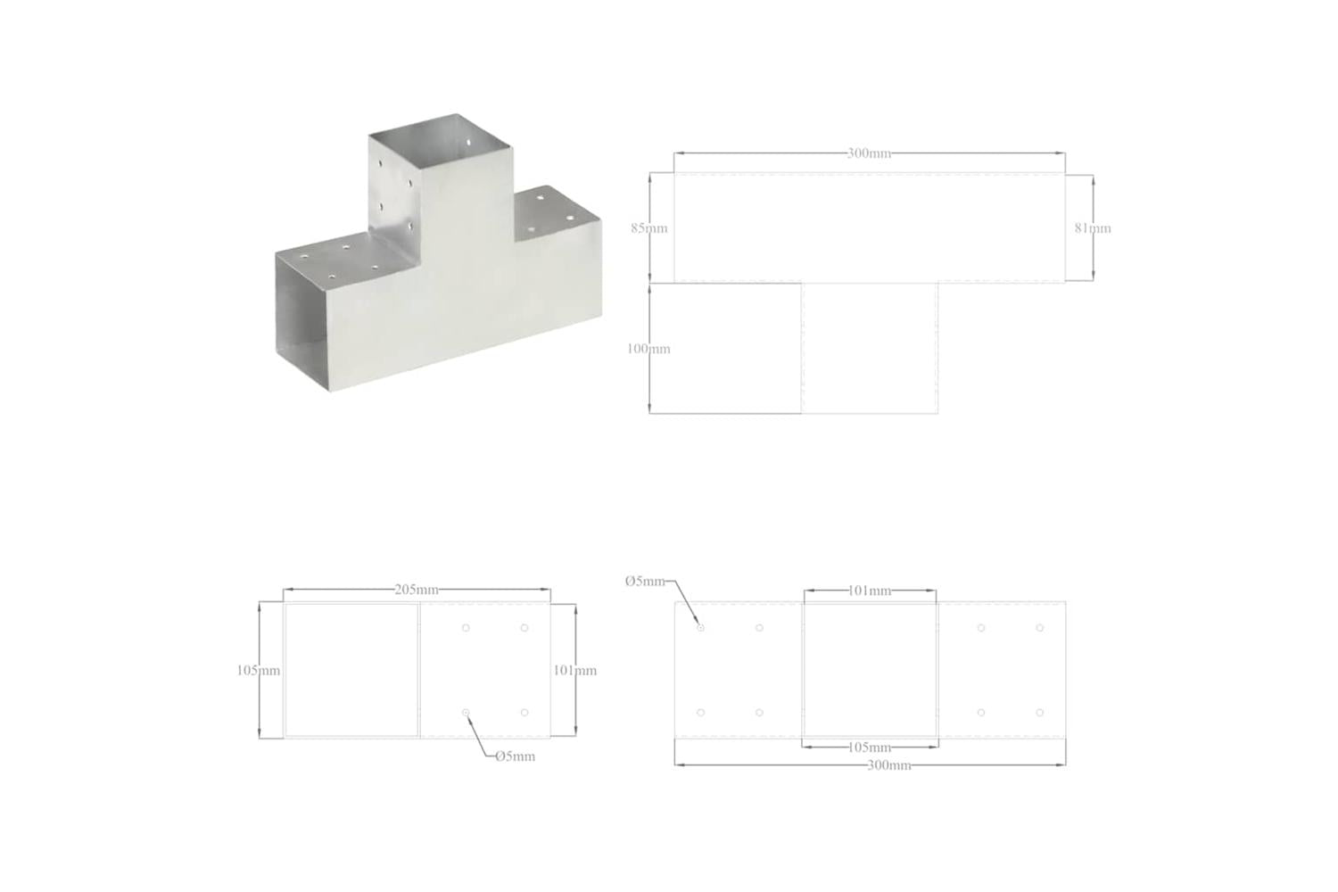 vidaXL 145480 Post Connectors 4 Pcs T Shape Galvanised Metal 101x101mm-8