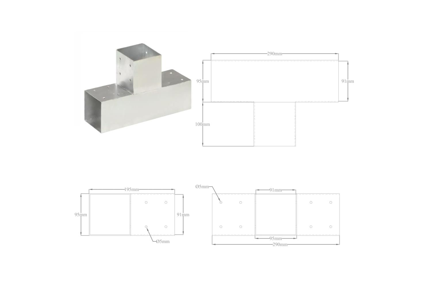 vidaXL 145472 Post Connectors 4 Pcs T Shape Galvanised Metal 91x91mm-8