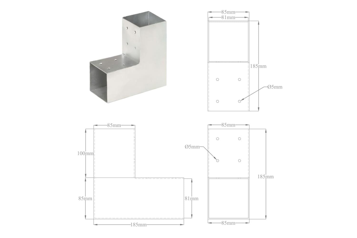 vidaXL 145462 Post Connectors 4 Pcs L Shape Galvanised Metal 81x81mm-8