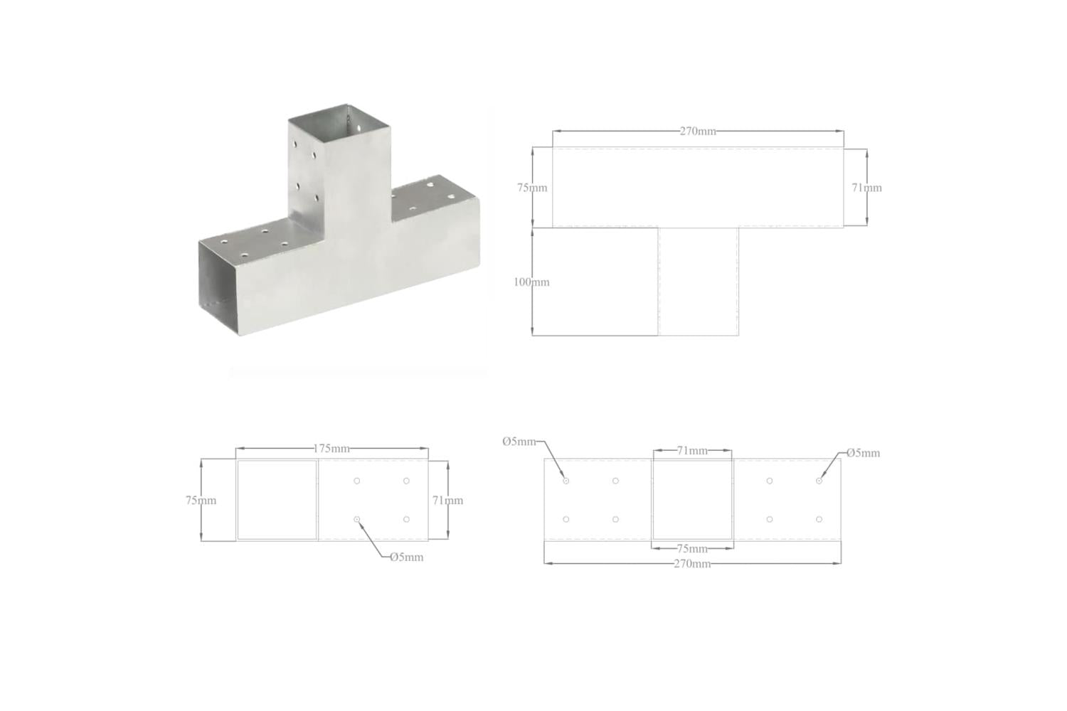 vidaXL 145456 Post Connectors 4 Pcs T Shape Galvanised Metal 71x71mm-8