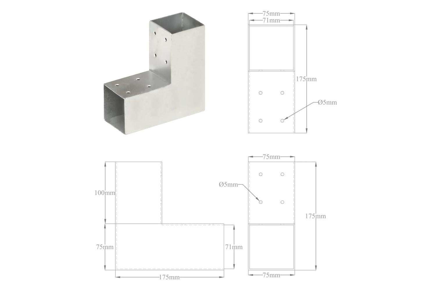 vidaXL 145453 Post Connector L Shape Galvanised Metal 71x71mm-7