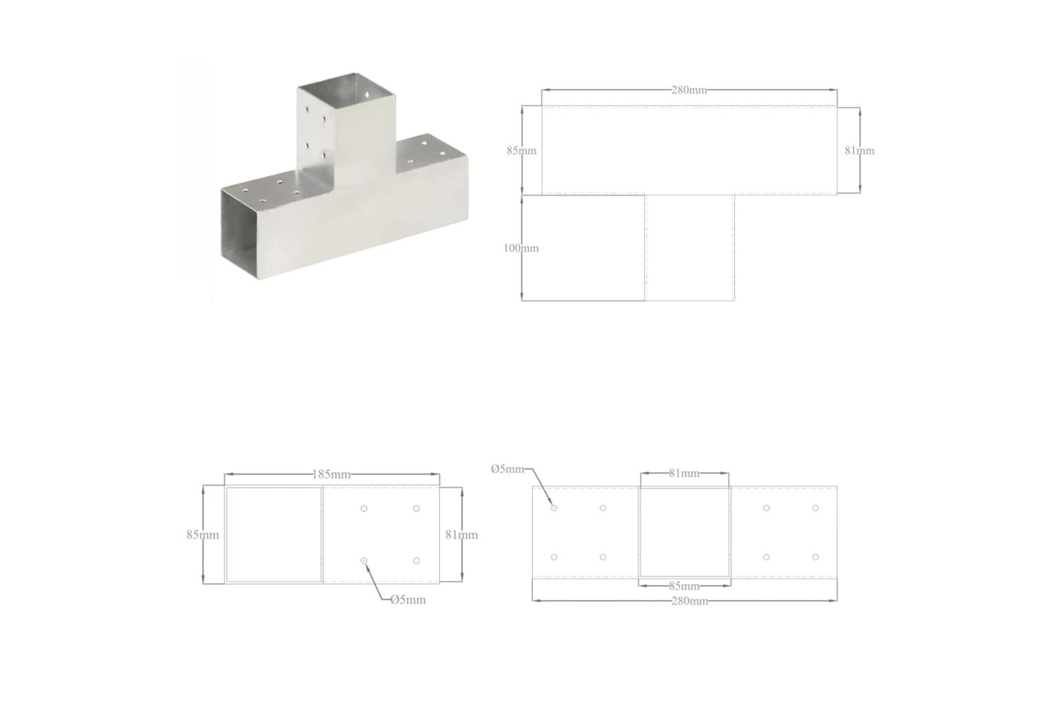 vidaXL 145464 Post Connectors 4 Pcs T Shape Galvanised Metal 81x81mm-8