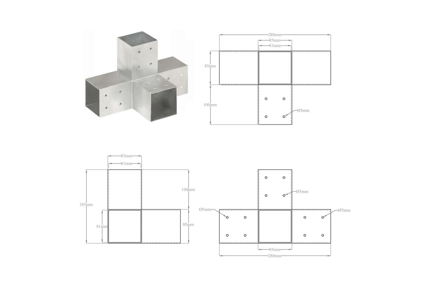 vidaXL 145468 Post Connectors 4 Pcs X Shape Galvanised Metal 81x81mm-8